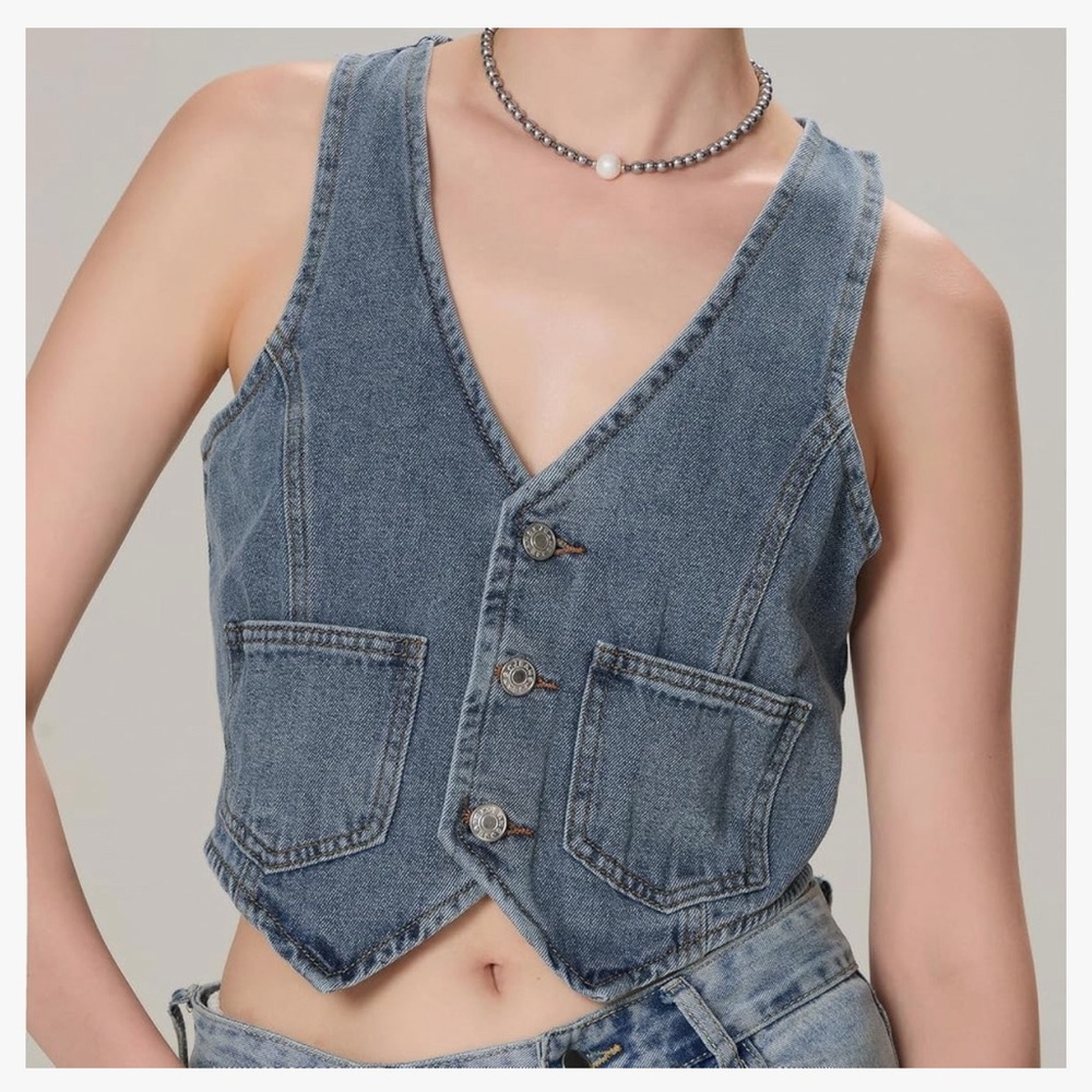 Denim Vest with Front Pockets - Blue